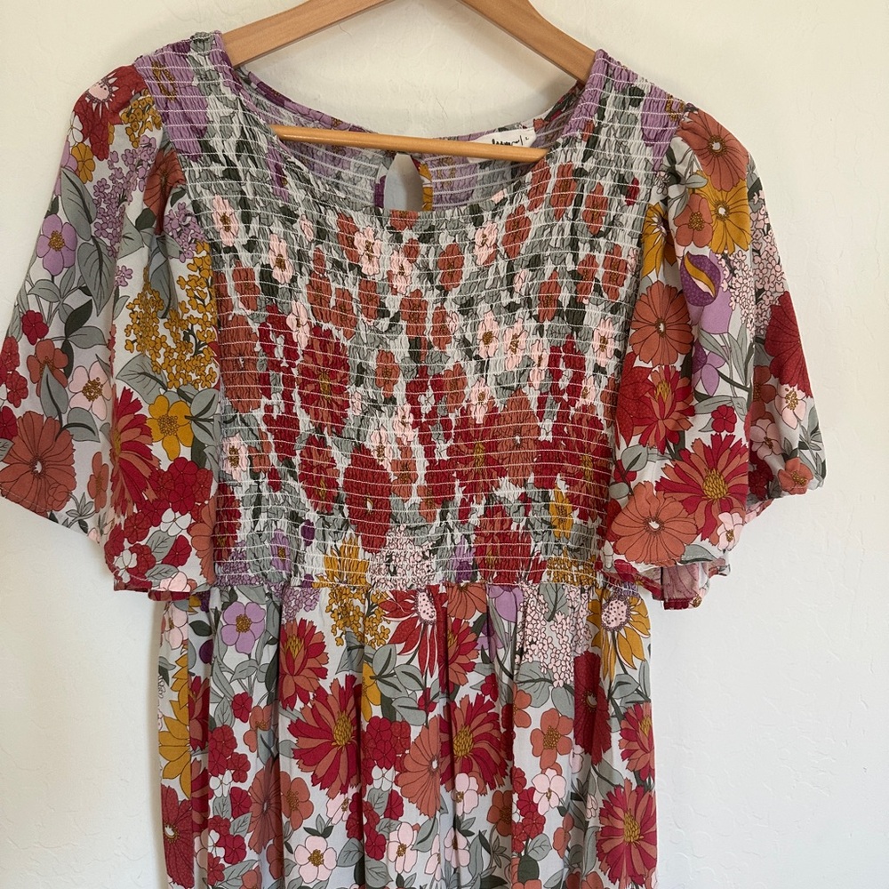 In Loom Tiered Smock Floral Multicolor Maxi Dress L - Picture 4 of 4